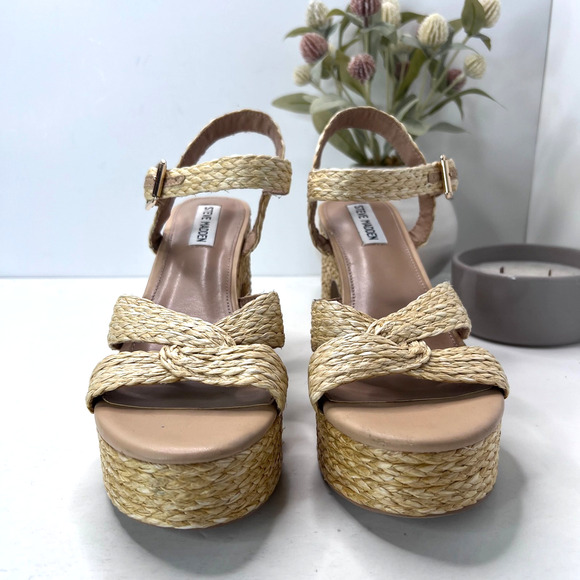 Steve Madden Carisma Raffia Chunky Sandal Heels Ankle Strap Natural Women 11 M - Picture 2 of 11